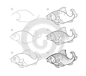 Page shows how to learn to draw sketch of swimming fish. Creation step by step pencil drawing. Educational page for artists. photo