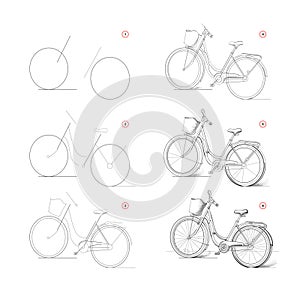 Page shows how to learn to draw sketch of woman bike. Creation step by step pencil drawing. Educational page for artists. Textbook