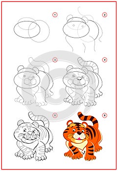 Page shows how to learn to draw step by step cute little toy tiger. Developing children skills for drawing and coloring.