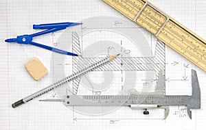 Page with technical drawing and engineering tools