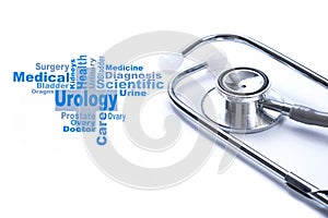 Page with urology on the table with stethoscope, medical concept photo