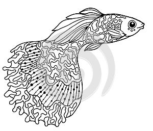 Page for a Zen art coloring book with a guppy fish