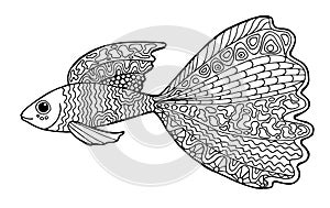 Page for a Zen art coloring book with a guppy fish