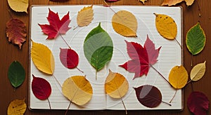 Pages with additional leaves around the notebook creating an autumnal