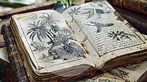 The pages of the adventurers diary are filled with detailed maps and notes chronicling journey through dense jungles and
