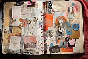 Pages of an open artistic diary with texts and drawings.