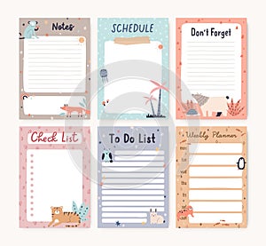 Pages templates set for cute kids planner, diary. Scandinavian-styled to-do lists, checklists, notes, schedule, plan