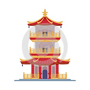 Pagoda as Chinese Tiered Tower with Multiple Eaves and Traditional Building Vector Illustration