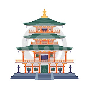 Pagoda as Chinese Tiered Tower with Multiple Eaves and Traditional Building Vector Illustration