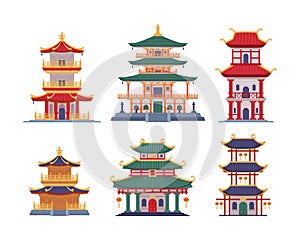 Pagoda as Chinese Tiered Tower with Multiple Eaves and Traditional Building Vector Illustration Set