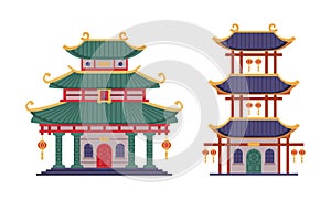 Pagoda as Chinese Tiered Tower with Multiple Eaves and Traditional Building Vector Set