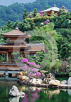 Pagoda of Asian temple and pond