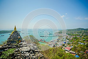 The Pagoda buddha Footprint of Buddhism on  hill in Koh Si Chang Island Chonburi, Thailand