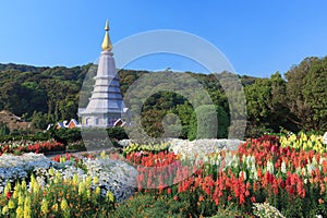 The Pagoda with Colorful flowers blowing in the wind motion blur