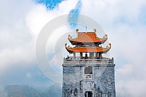 Pagoda of the highest mountain of Vietnam Fansipan under cable car in Sapa, Vietnam