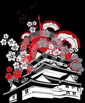 Pagoda of japan with sakura flower fan vector