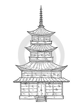 Pagoda japanese temple. Vintage engrave monochrome black