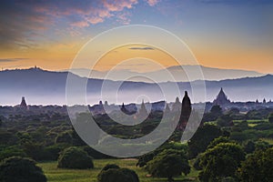 Pagoda landscape of Bagan in colorful sky ,under a warm sunset in the plain of Bagan,Myanmar.