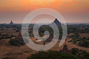 Pagoda landscape in the plain of Bagan, Myanmar Burma