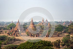 Pagoda landscape in the plain of Bagan, Myanmar Burma