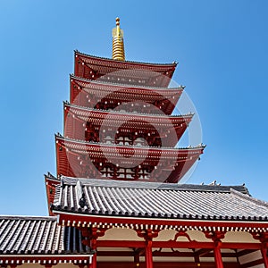 Pagoda with many floors, traditional temple in Asakusa, Tokyo, Japan.
