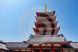 Pagoda with many floors, traditional temple in Asakusa, Tokyo, Japan.