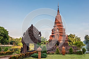 Pagoda middle water Huay Kaew temple Landmark pagoda in Lopburi, Thailand