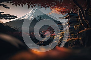 Pagoda and mountain with a snowy peak in the background. Autumn trees. Generative Ai