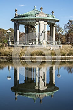 Pagoda musical bandstand reflected on Pagoda Lake, Forest Park