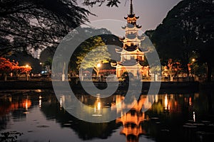 The Pagoda at night in Hanoi,Vietnam, Tran Quoc pagoda in Ha Noi capital of Vietnam, AI Generated