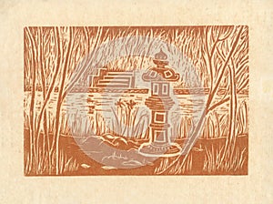 Pagoda - Original Woodcut Sepia