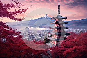 the pagoda with red leaves overlooking mount fuji