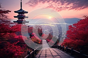 the pagoda with red leaves overlooking mount fuji