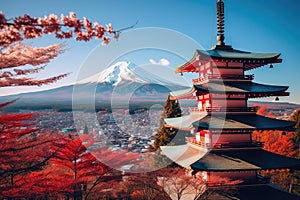 the pagoda with red leaves overlooking mount fuji