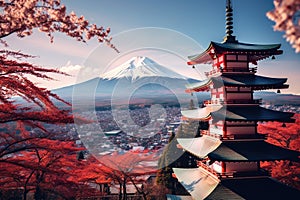 the pagoda with red leaves overlooking mount fuji