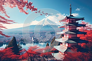 the pagoda with red leaves overlooking mount fuji