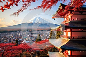 the pagoda with red leaves overlooking mount fuji