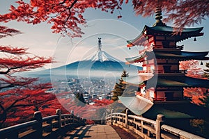 the pagoda with red leaves overlooking mount fuji