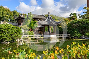 Pagoda reflecting in a pond at the Lan Su Chinese Garden, in Portland