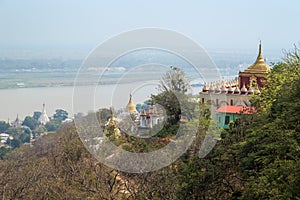 Pagoda, stupas and river at Sagaing in Mandalay