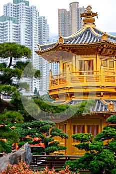 Pagoda style Chinese architecture Perfection in Nan Lian Garden, Hong Kong, China.