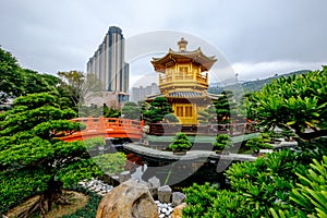 Pagoda style Chinese architecture Perfection in Nan Lian Garden, Hong Kong, China.