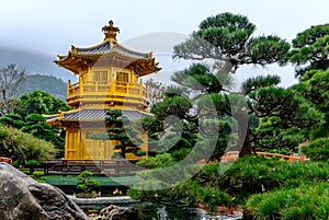 Pagoda style Chinese architecture Perfection in Nan Lian Garden, Hong Kong, China.