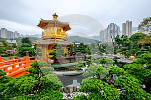 Pagoda style Chinese architecture Perfection in Nan Lian Garden, Hong Kong, China.