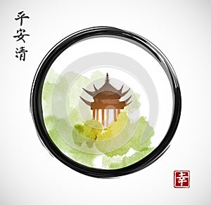 Pagoda temple and forest trees in black enso zen circle on white background.