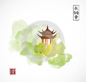 Pagoda temple and green forest trees on white background. Traditional oriental ink painting sumi-e, u-sin, go-hua photo