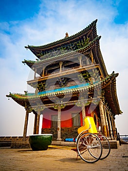 Pagoda on top of Pingyao massive city walls