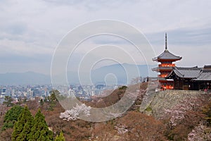 Pagoda in UNESCO Kiyomizu-dera Buddhist Temple overlooking Kyoto, Japan