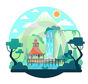 Pagoda on the water. Waterfall, snow-capped mountain and trees above the lake - vector cartoon illustration in flat game