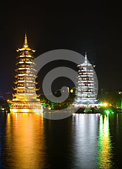 Pagodas in Banyan Lake in downtown Guilin